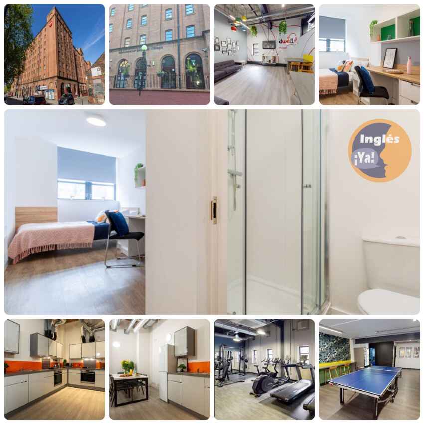 montaje de fotos del la residencia MSV Manchester para adultos con logo de Inglés Ya