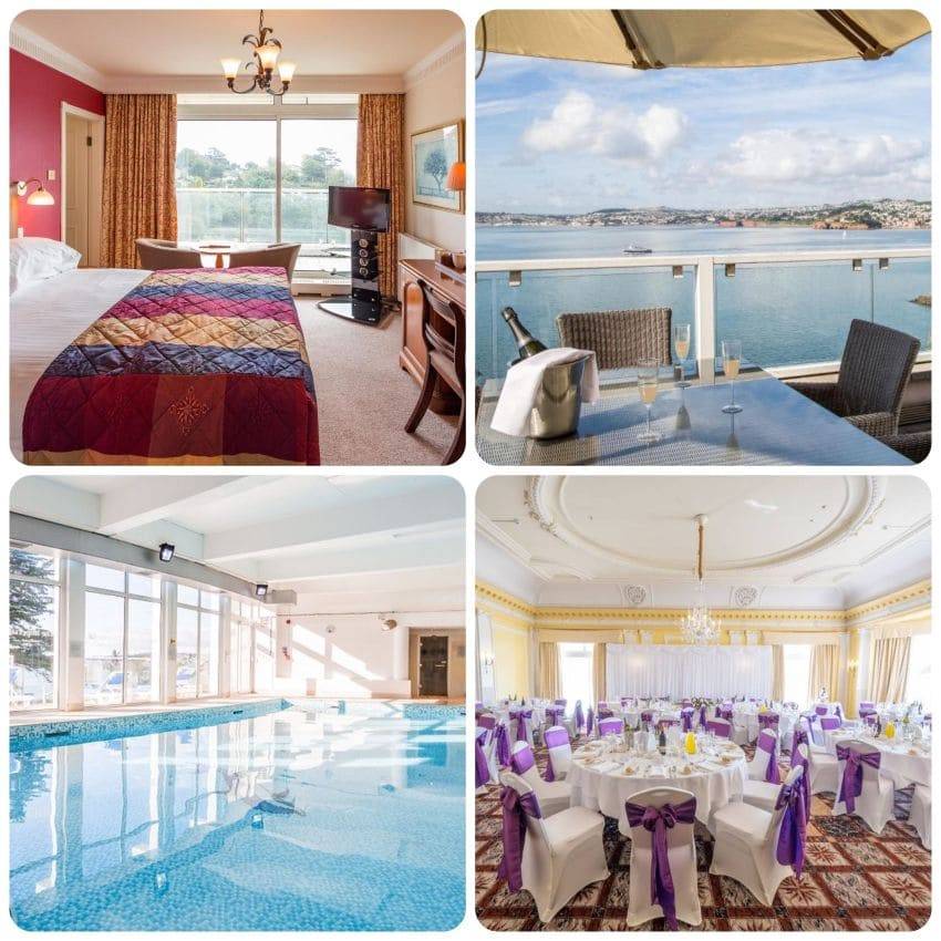 montaje de fotos de un hotel en Torquay, Inglaterra con vistas del mar, una piscina interior, comedor y habitación en Torquay