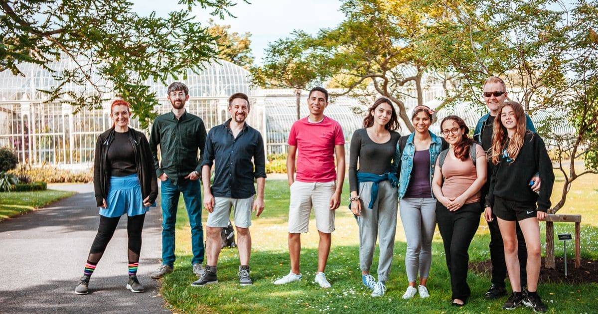 9 adultos en un parque durante su curso de inglés en Dublin Irlanda