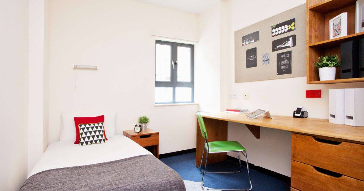 habitación estudantil con cama, silla y escritorio