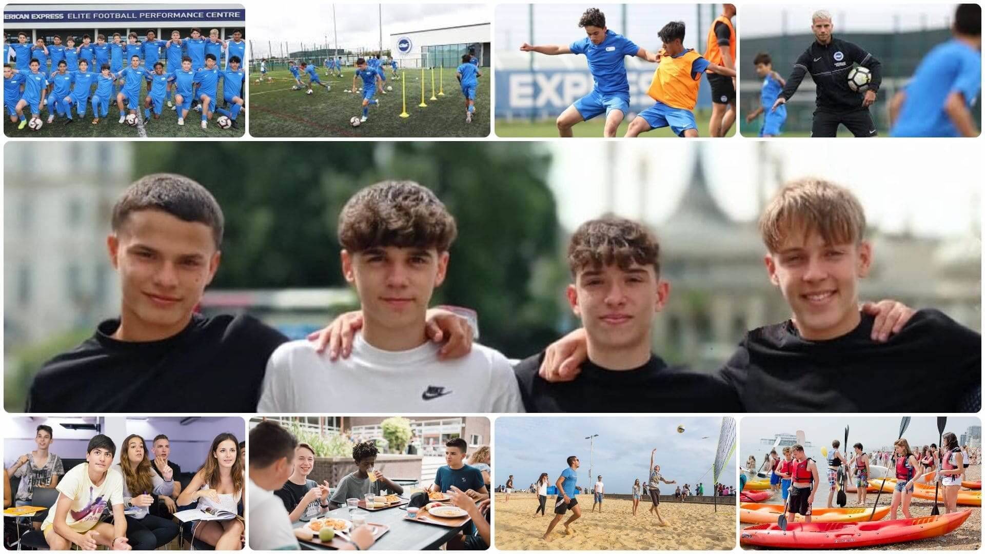 un montaje de fotos que muestra campamentos de inglés y fútbol en Brighton para jóvenes