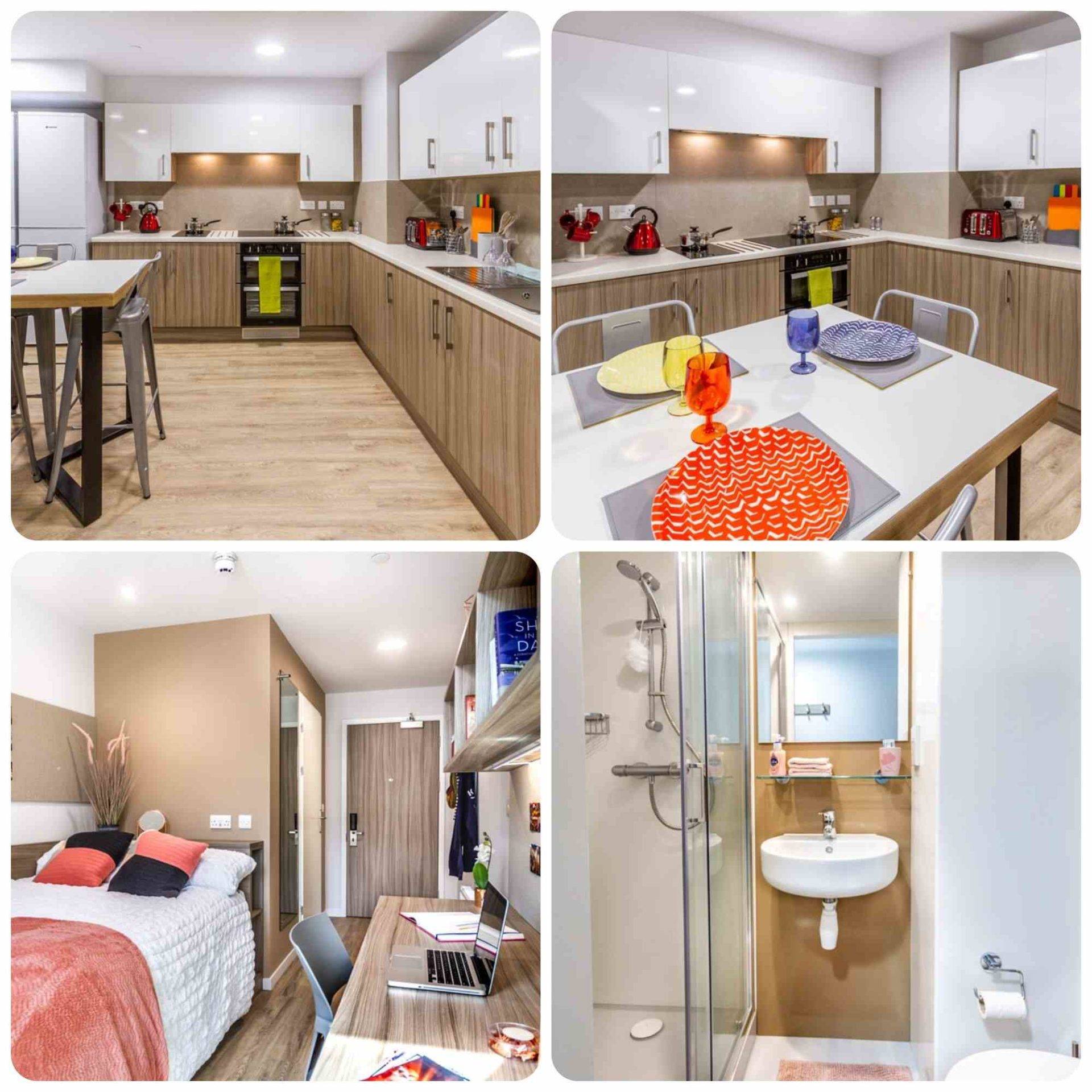 un collage, 4 fotos de una cocina , dormitorio y baño de una residencia de estudiantes en Brighton