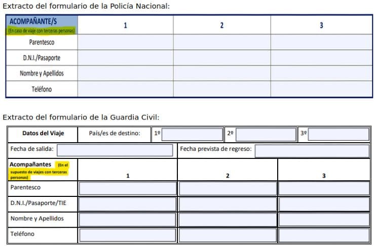 una sección del formulario Autorización/ Permiso de viaje para menores