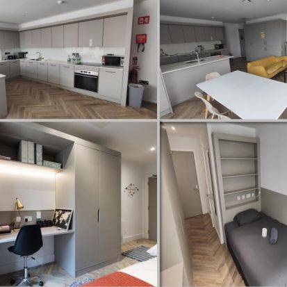 montaje de 4 fotos que muestran una residencia Dublín barata para estudiantes