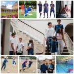 montaje de instalaciones deportivas del campus de Ackworth School con su entrenador de fútbol