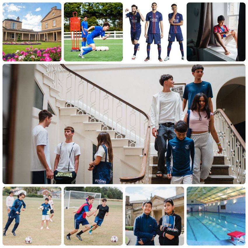 montaje de instalaciones deportivas del campus de Ackworth School con su entrenador de fútbol