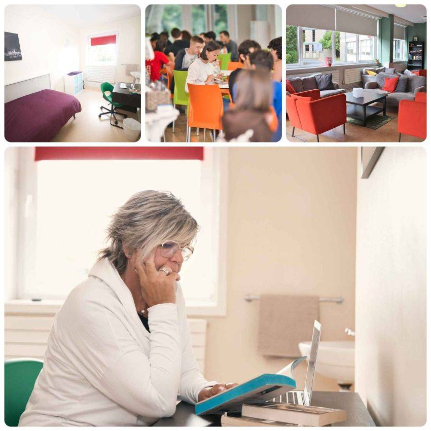 mujer mayor de 50 años estudiando inglés en su habitación y tres pequeñas fotos de la residencia en Dublín barata