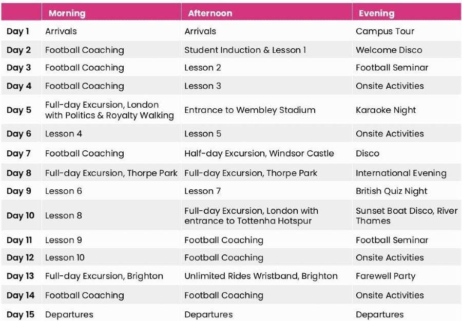 horario de inglés y fútbol en campus de Londres